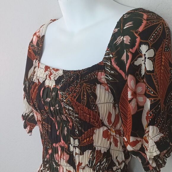 Womens Tropical/ Floral Puff Sleeve Square Neck Smocked Boho Top Sz XS - Picture 2 of 9